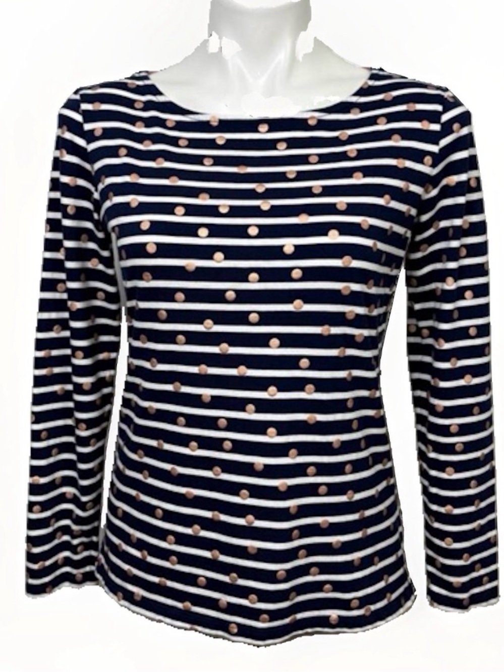 US 4 Boden Breton Navy White Striped & Rose Gold Foil Polka Dots Shirt